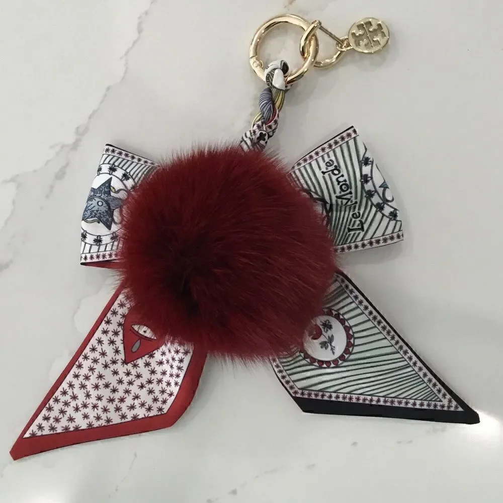 TORY BURCH KEY CHARM FOX FUR SILKY BOW